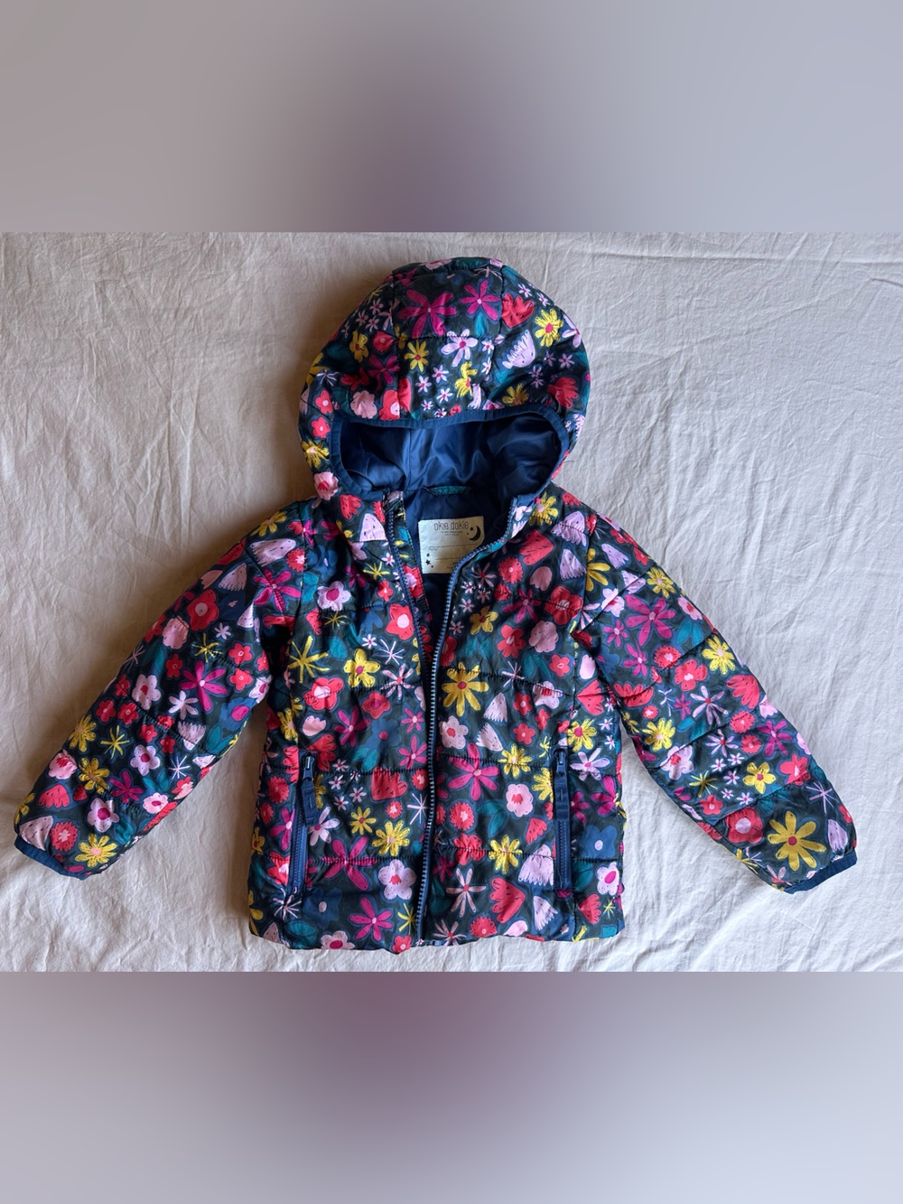 okie dokie Navy Floral Hooded Puffer Jacket with Pink & Yellow Flowers